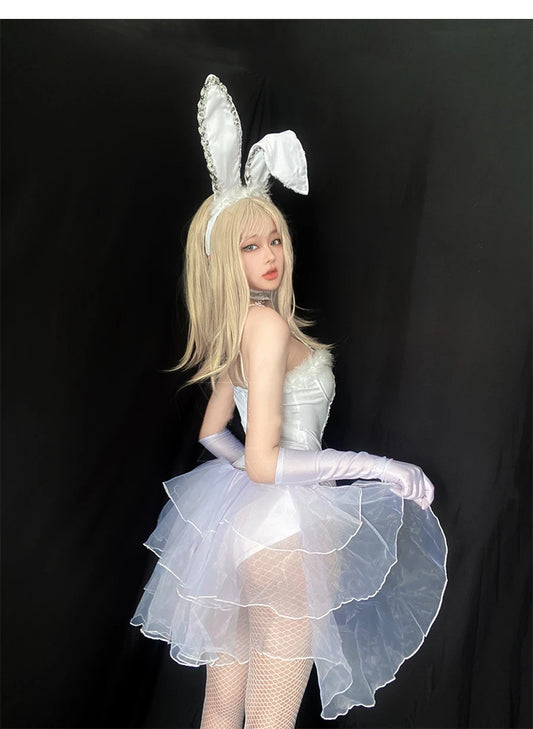 Sexy Rabbit Costume Cosplay White Bunny Girl Suspender Bodysuit Women Jumpsuit Set Halloween Stage Show Carnival Club Clothes