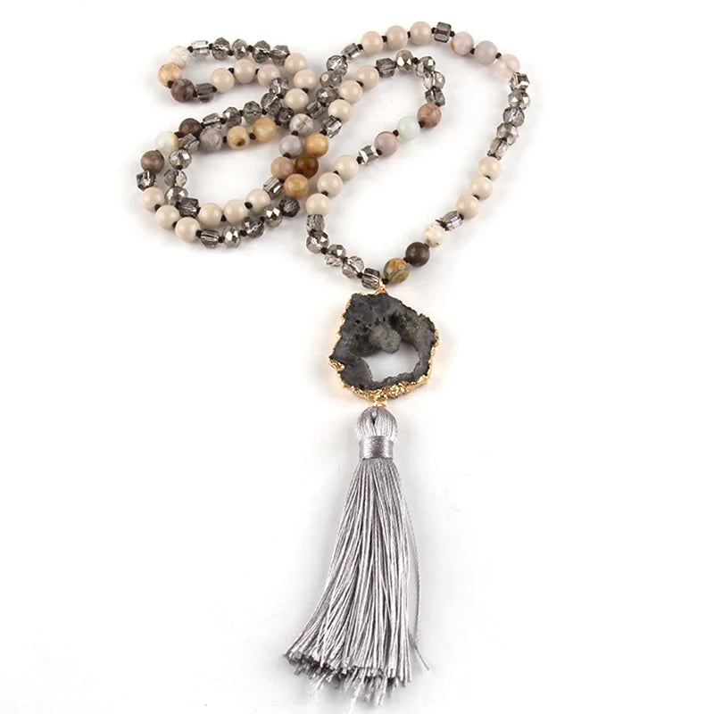 Knotted Druzy Stone Tassel Necklace Jewelry
