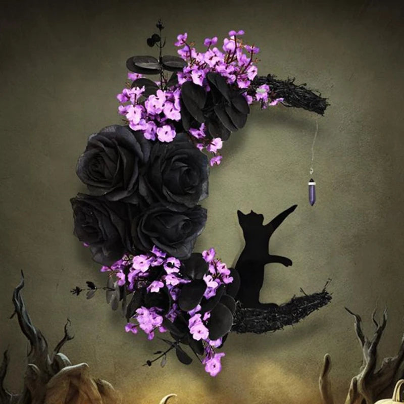 Halloween Signs Moon Shaped Door Wreaths Goth Roses Black Cats Garland Front Door Ornament Halloween Decor - Charlie Dolly