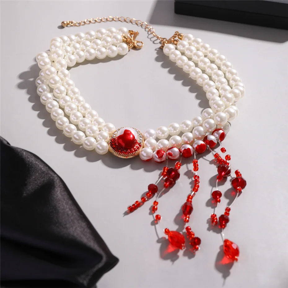 Goth Creative Red Blood Pattern Imitation Pearl Chain Necklace for Women Punk Long Tassel Beads Pendant Halloween Wed Jewelry - Charlie Dolly