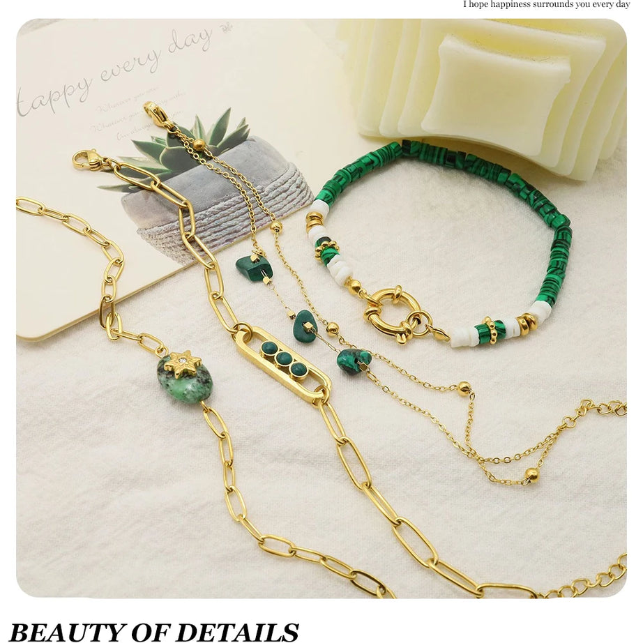 WILD & FREE Boho Vintage Green Natural Stone Bracelets for Women Stainless Steel Trendy Charms Aesthetic Jewelry Set - Charlie Dolly