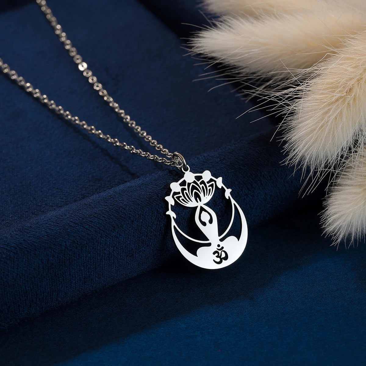 Kinitial Buddhism Yoga Lotus Flower Pendant Necklace For Women Stainless Steel OM Buddha Crescent Moon Amulet Protector Jewelry