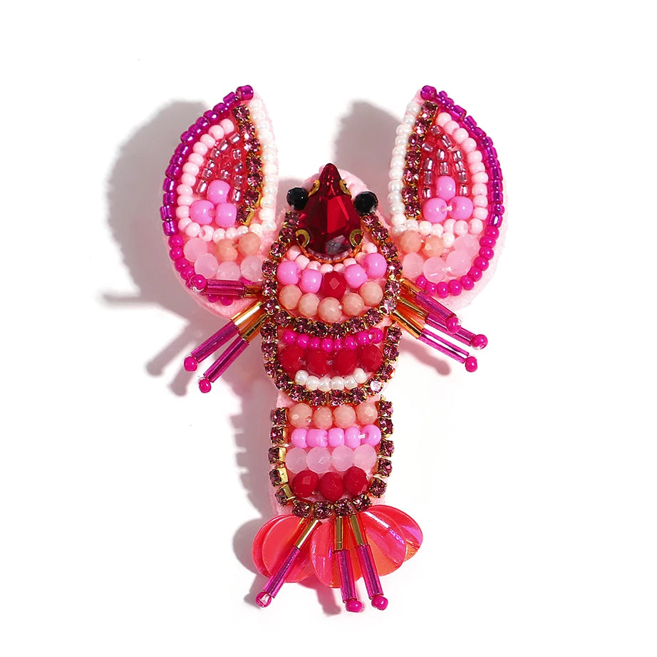 Boho Colorful Starfish, Lobster and Shell Beaded Brooch Pin