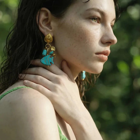 Blue Stone Fish Drop Earrings, 18K Gold Ocean Summer Stainless Steel Jewelry