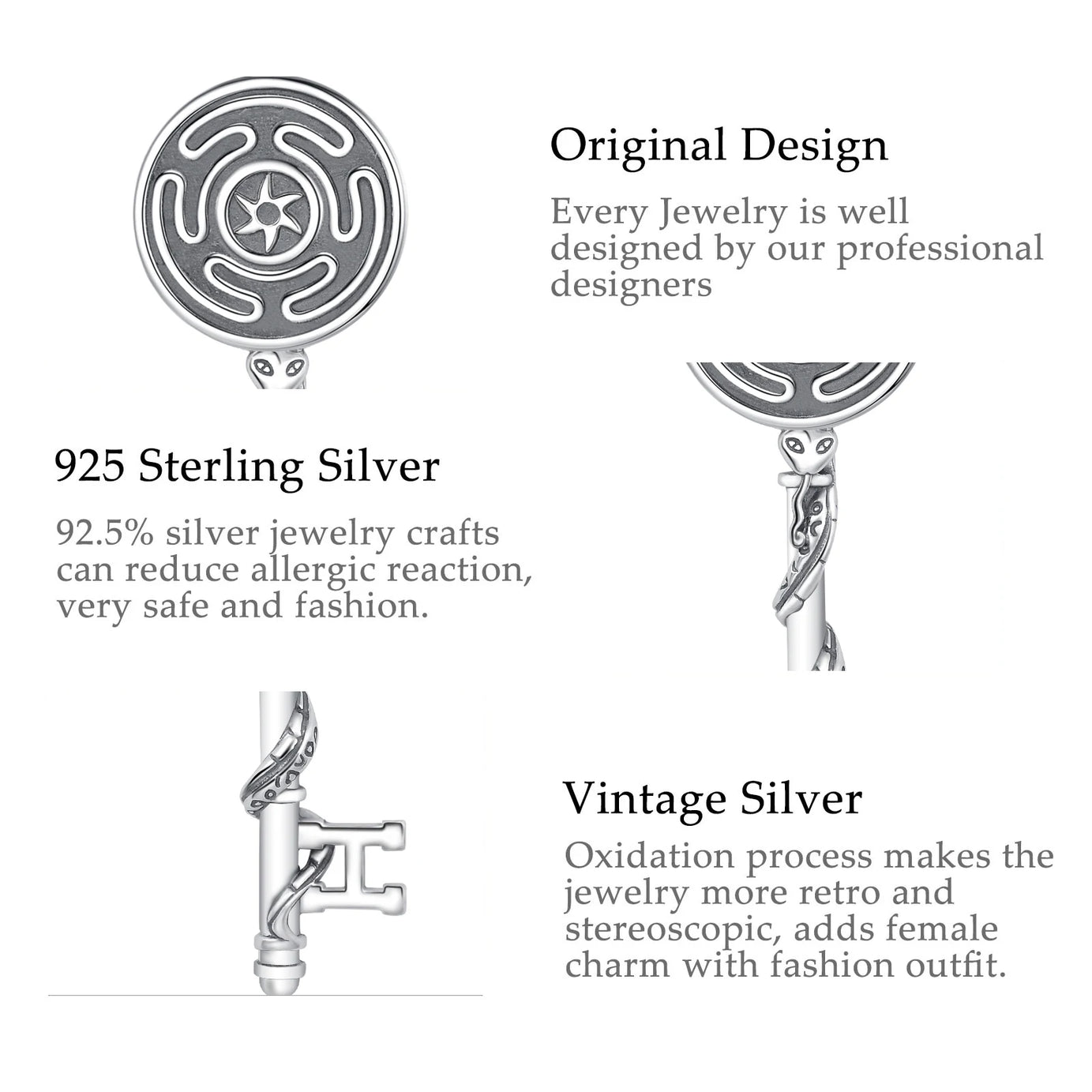 S925 Sterling Silver Hecate Wheel, Snake & Key Pendant Necklace, Triple Goddess Witch Pagan Amulet