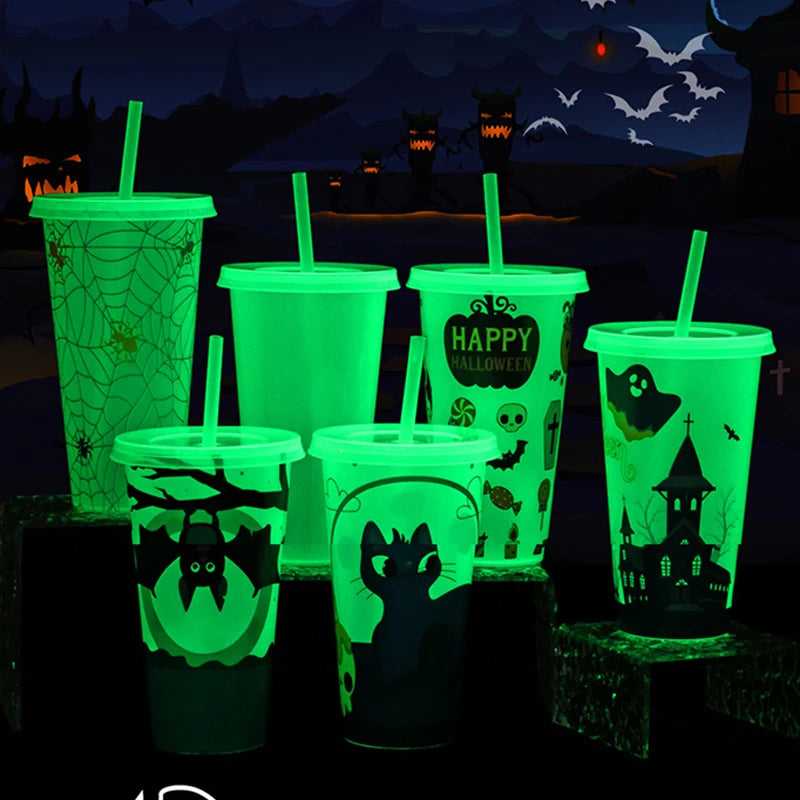 1PC 720ml Halloween Print Plastic Luminous Straw Cup Juice Milk Tea Coffee Cups for Party Supplies Funny Straw Cup Kitchen Drink - Charlie Dolly