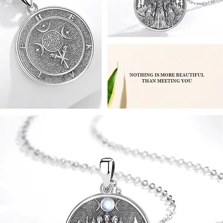 S925 Sterling Silver Hecate & Dog Pendant Necklace, Triple Moon Goddess Moonstone Amulet