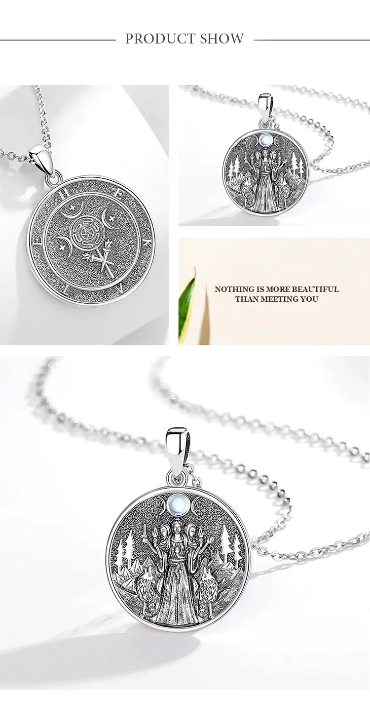 Eudora 925 Sterling Silver Hecate Dog Necklace Triple Moon Goddess Amulet Pendant Moonstone Triple Goddess Jewelry Women Gift