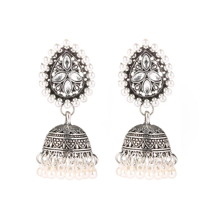 Vintage Waterdrop Design Inlaid Pearl Rhinestone Indian Earrings for Women Ethnic Boho Carved Small Bell Earrings Jhumka Jewelry