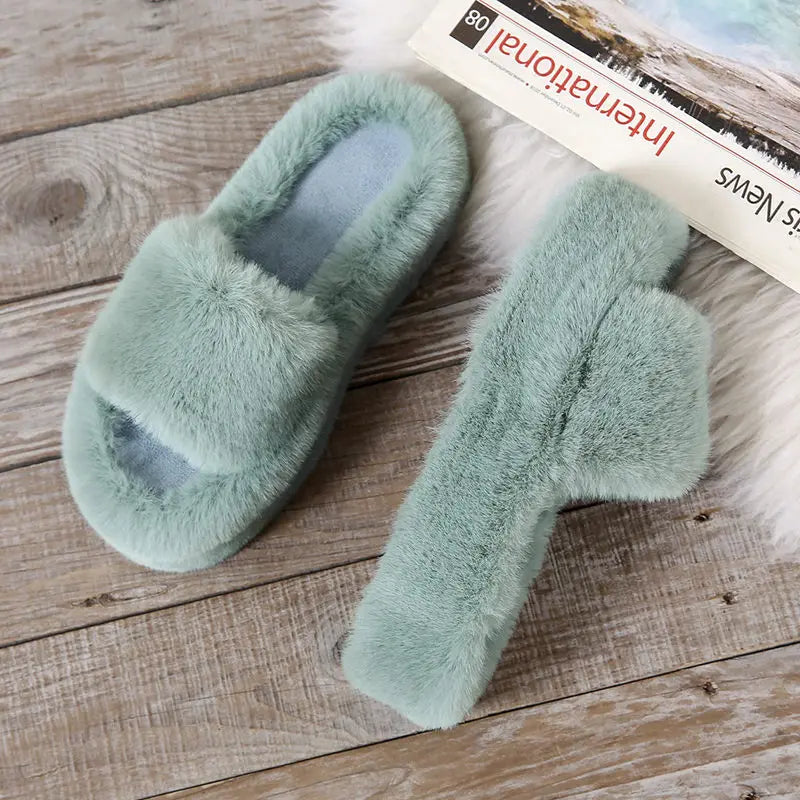 Winter Fur Women slippers 2023  Plush fluffy Home Slippers Women Cozy Soft Warm Furry Indoor House Shoes Platform Flip Flops 42 - Charlie Dolly