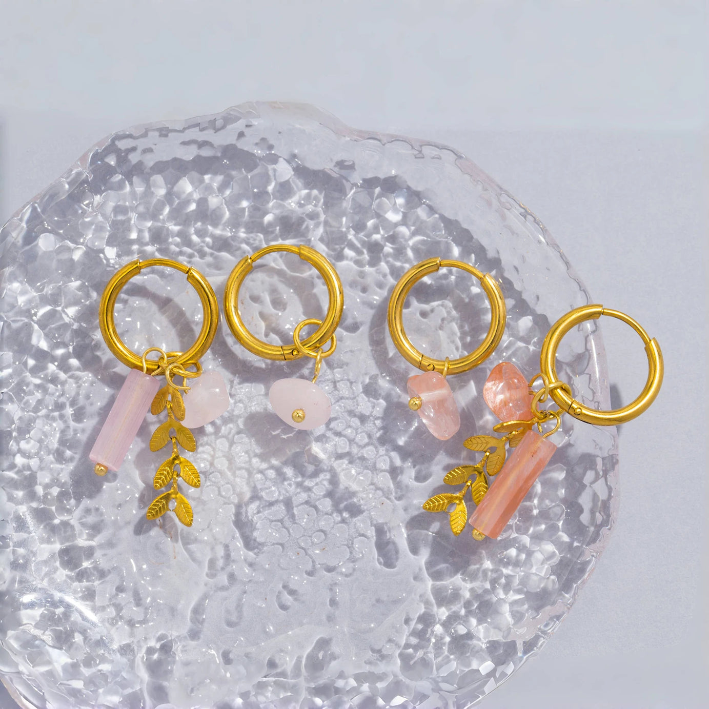Pink Natural Stone Hoop Drop Earrings, 18K Gold Stainless Steel Boho Jewelry