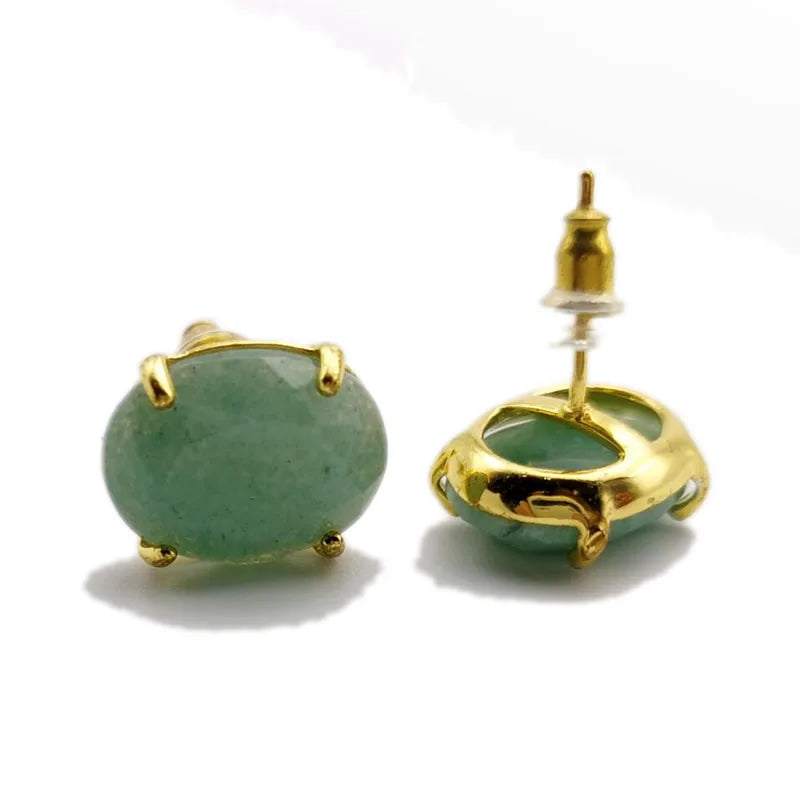 Oval Shape Stud Earrings golden Color Natural Stone Faceted Pink Quartz Crystal Agate lapis lazuli Healing Jewelry Female