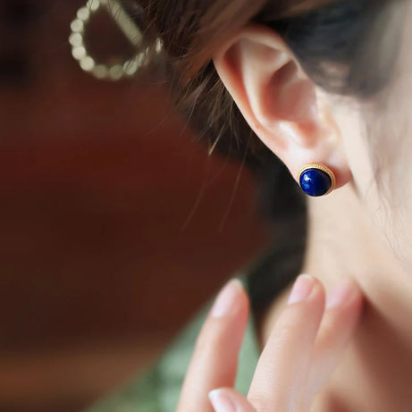 Lapis lazuli classic round bead earrings woman exquisite retro court style deep blue earings stud banquet fine jewelry gifts - Charlie Dolly