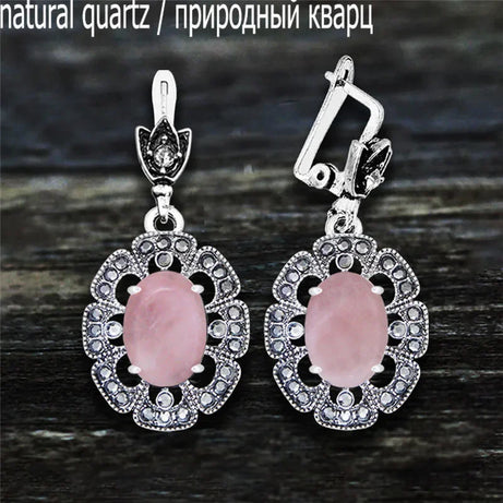 Vintage Plumflower Natural Jades Quartz Earrings For Women Antique Silver Plated Lapis Lazuli Tiger Eye Stone Fashion Earring - Charlie Dolly