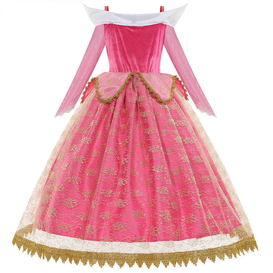 Disney Sleeping Beauty Aurora Princess Dress Cosplay Off Shoulder Kids Gifts Fancy Halloween Party Girl Baby Fine Lace Dress