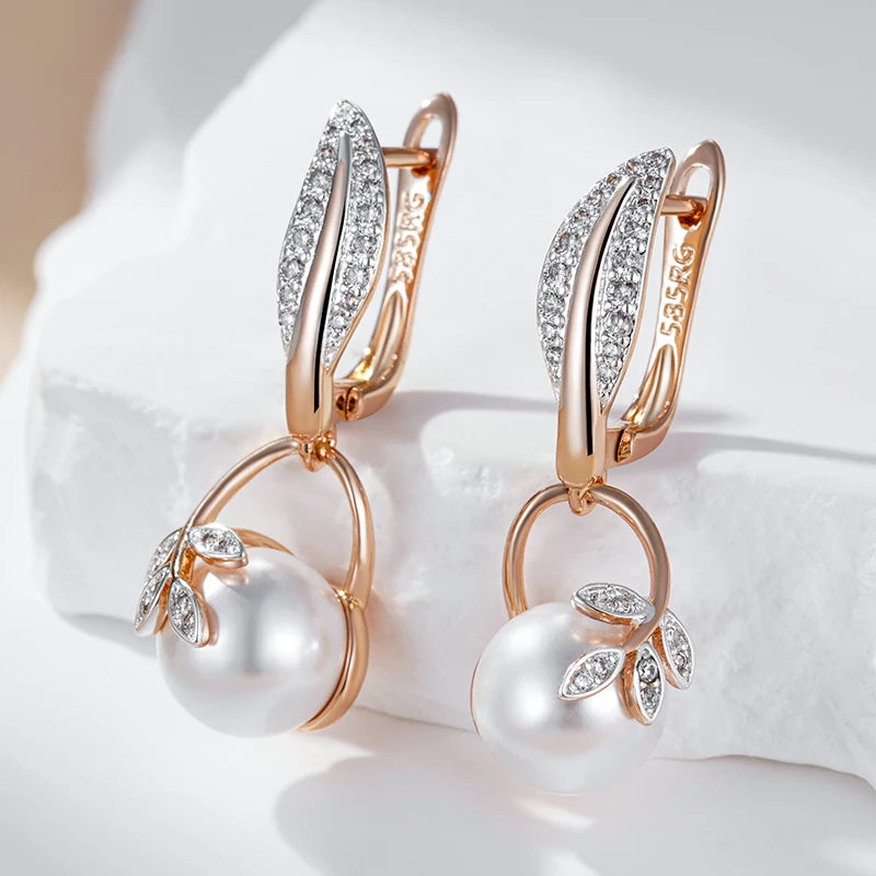 Kinel Hot Fashion Crystal Flower Pearl Drop Earrings for Women 585 Rose Gold Silver Color Mix Boho Ethnic Wedding Jewelry Gift