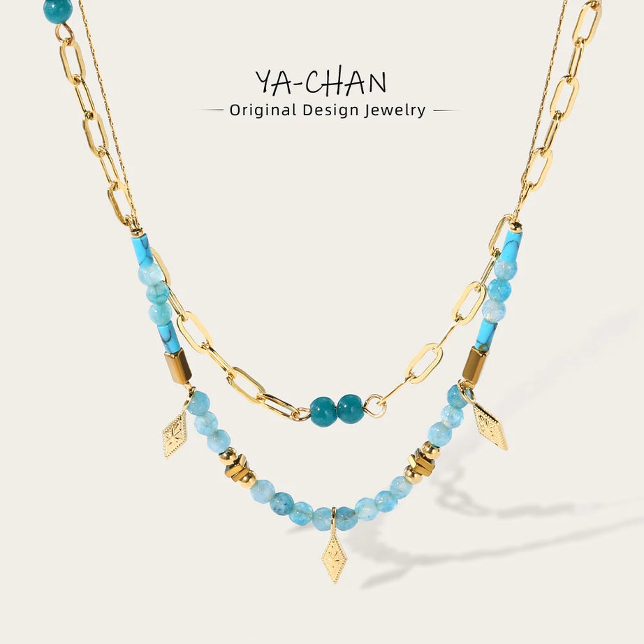 Blue Acrylic Bead Layered Charm Necklace Jewelry
