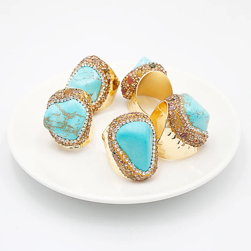 Irregular Turquoise Open Ring for Women Boho Micro Inlay Adjustable Reiki Natural Stone Finger Wedding Jewelry