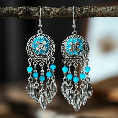 Blue Enamel Feather Crystal Long Earrings Jewelry