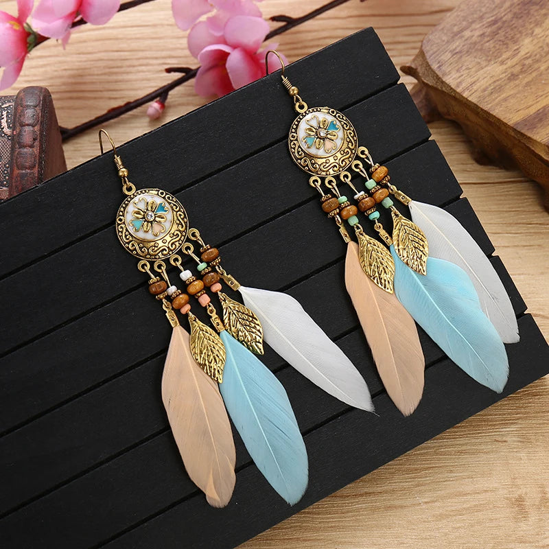 Bohemian Vintage Jewelry For Women Trendy Carved Leaf Feather Tassel Long Earrings Boho Flower Beads Handmade Wedding Earrings