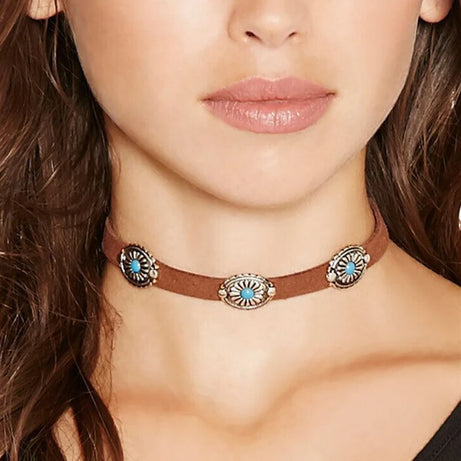 Turquoise Bead Cotton Tassel Choker Necklace Jewelry
