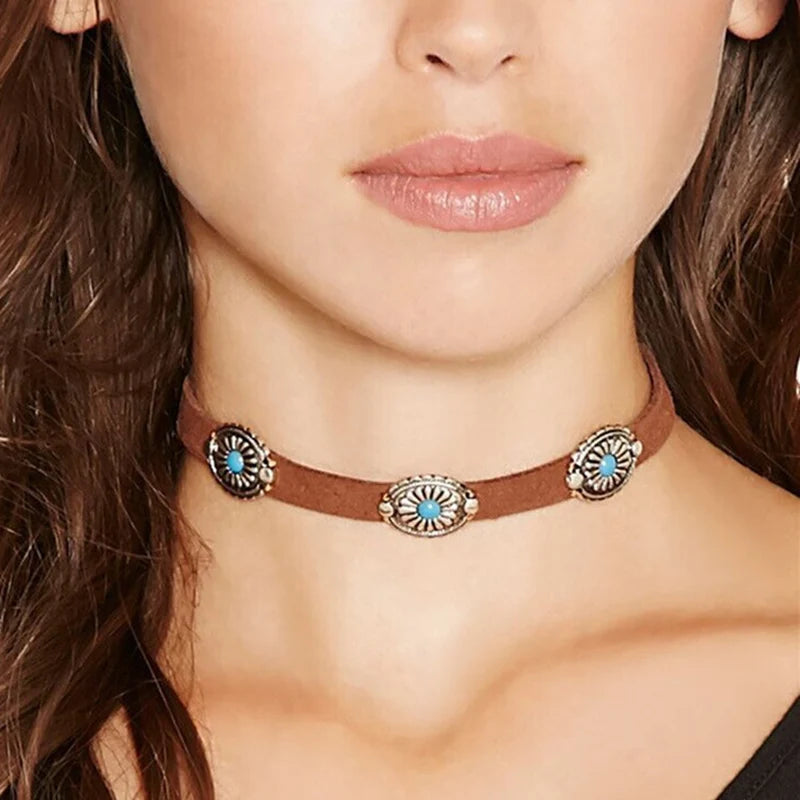 Turquoise Bead Cotton Tassel Choker Necklace Jewelry