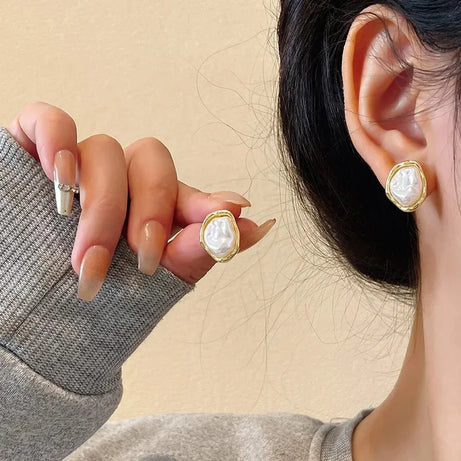 Irregular Pearl Gold Side Stud Earrings Jewelry