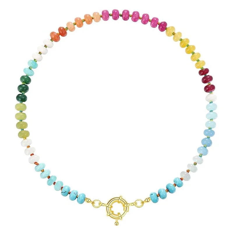 Colorful Boho Natural Stone Surfer Beach Choker 6mm Beaded Gemstone Necklace for Women 14K Gold Plated Handmade Jewelry