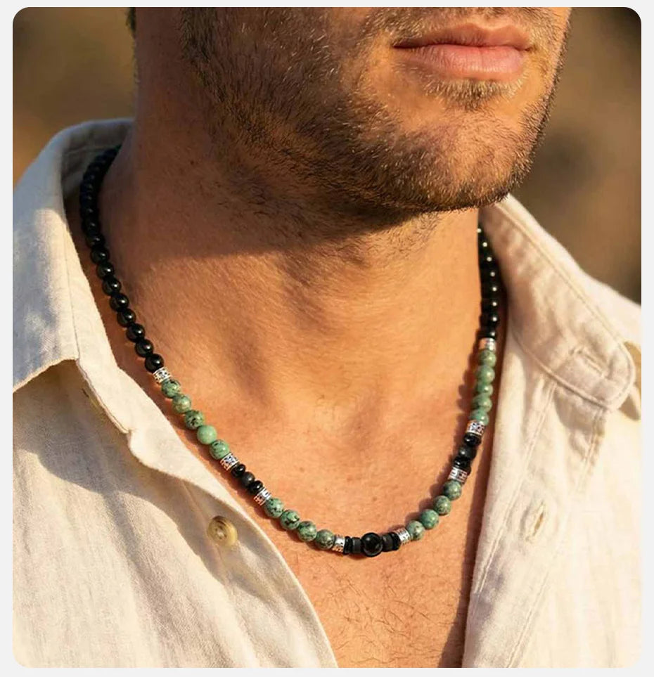 Vnox Men's Stainless Steel Natural Stone Beaded Necklace Adjustable Green Lucky Choker Casual Boho Beach Jewelry Gift for Boys