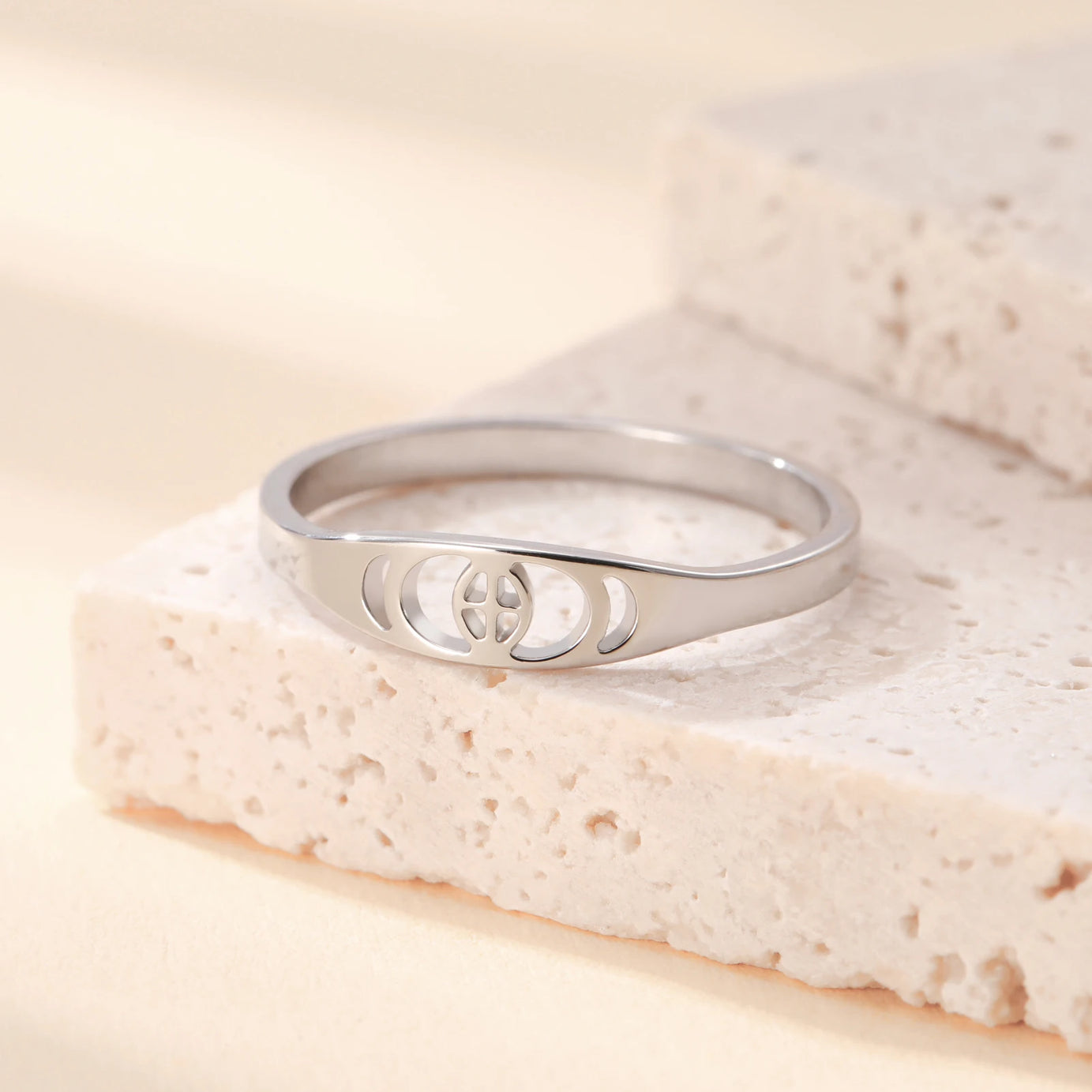 Crescent Moon Phase Ring, Stainless Steel Trendy Celestial Band Talisman