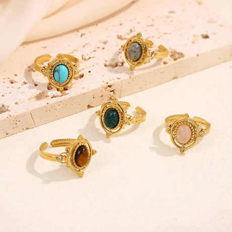 Baroque Zircons Natural Stone Rings For Women Vintage Boho Stainless Steel Opening Finger Ring Wedding Fashion Jewelry Gifts - Charlie Dolly