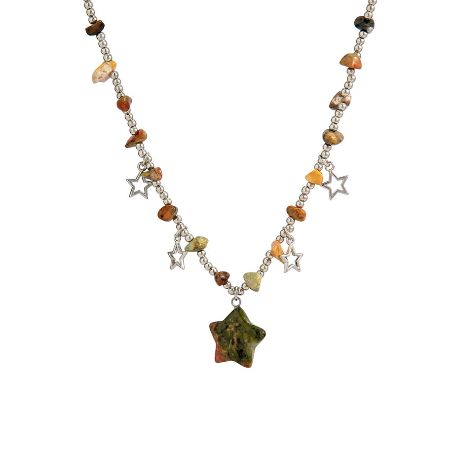 Boho Kpop Colorful Irregular Natural Stone Hollow Star Pendant Choker Necklace Women Goth Beads Chain Y2K Jewelry Accessorie New - Charlie Dolly