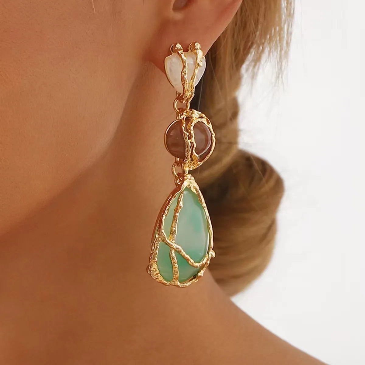 Natural Resin Waterdrop Metal Mesh Earrings For Women Retro Crystal Geometric Dangle Ear Stud Charms Party Jewelry Boho Gifts