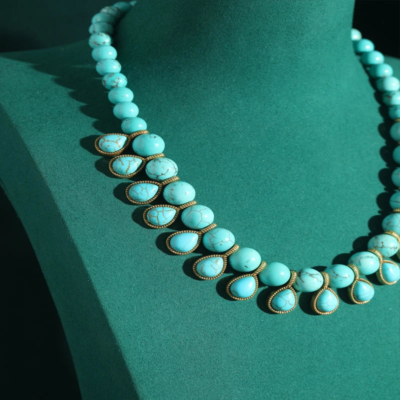 Bohemia Blue Natural Stone Water Drop Beads Chain Choker Necklace Vintage Jewelry for Woman Retro New in Boho Luxury Accessories