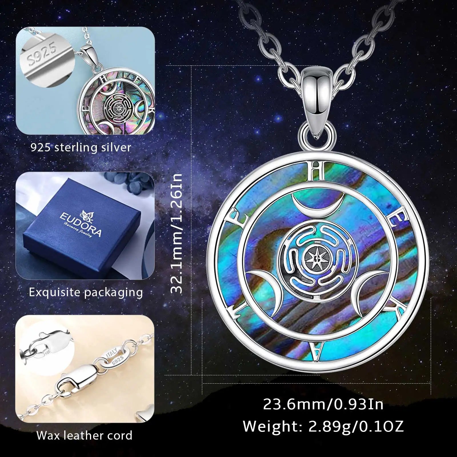 Eudora 925 Sterling Silver Hecate Wheel Necklace Abalone Triple Moon Goddess Amulet Pendant Wiccan Pagan Jewelry for Women Men