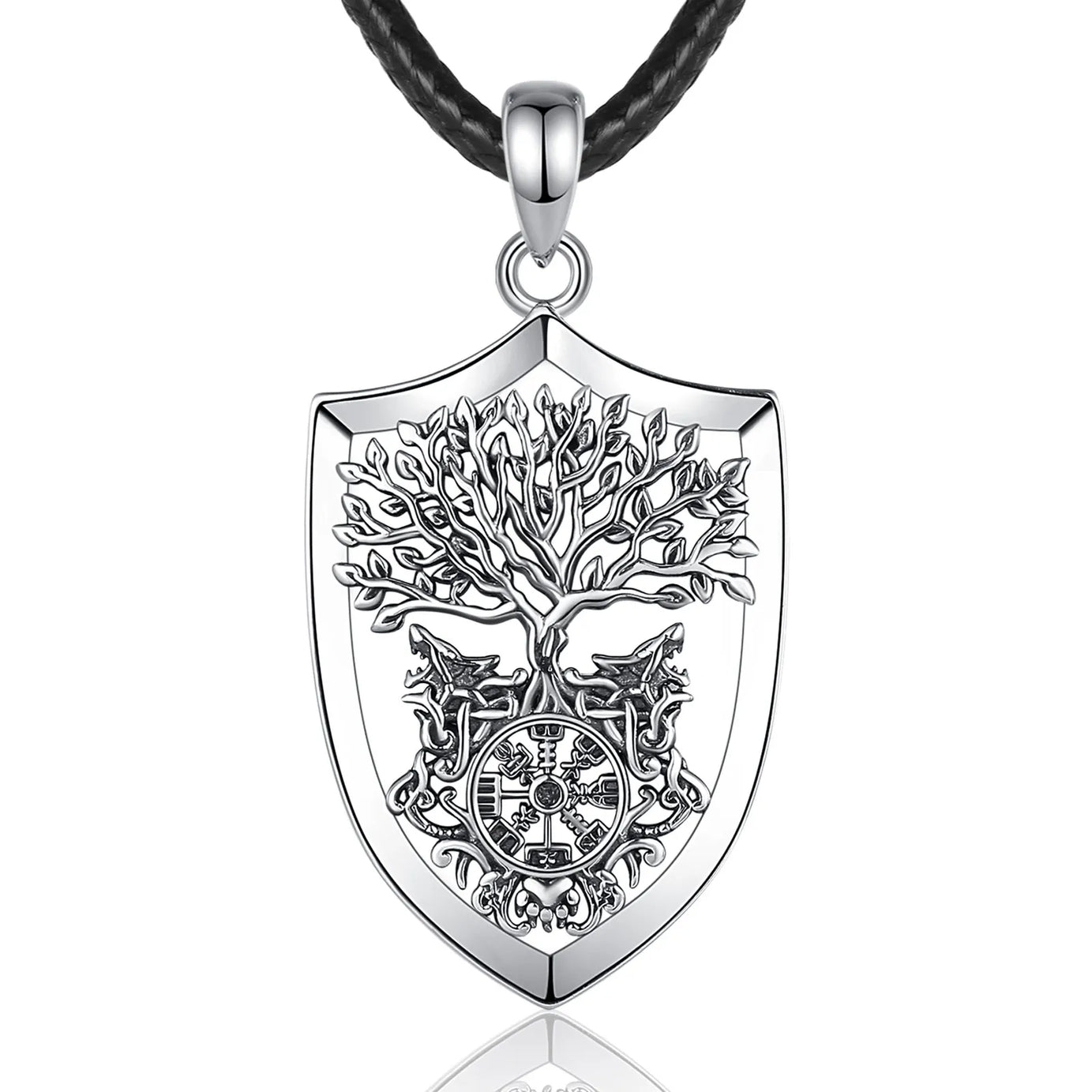 S925 Sterling Silver Viking Yggdrasil Compass Pendant Necklace, Tree of Life Wolf Norse Amulet