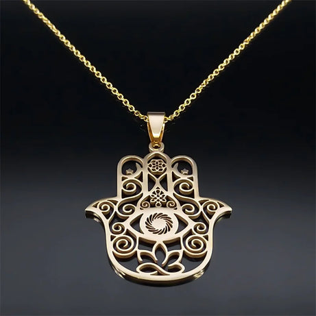 Hamsa Hand of Fatima & Lotus Interfaith Necklace, Muslim & Jewish Sacred Talisman