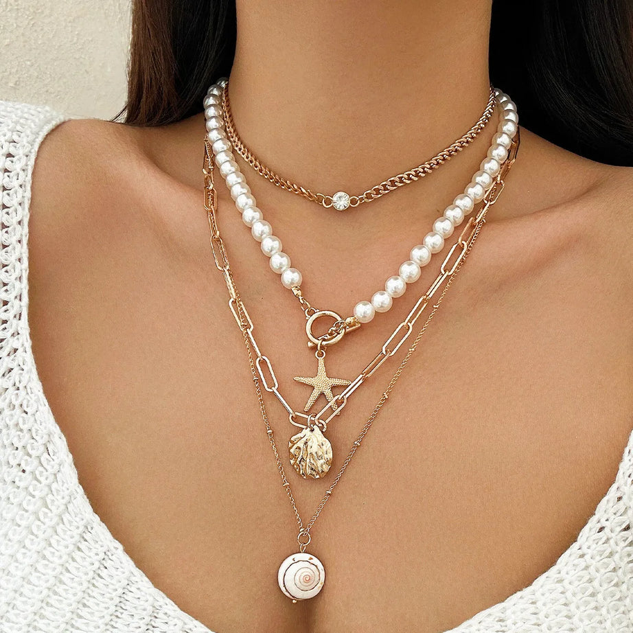 Shell Starfish and Pearl Layered Chain Boho Necklace