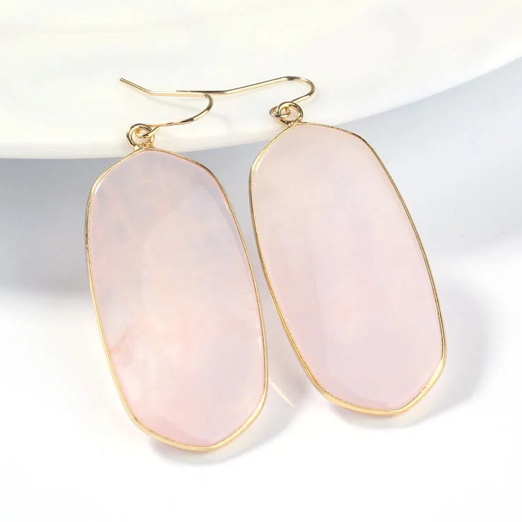 Natural Crystal Rose Pink Quartz Labradorite Lapis Lazuli Tiger Eye Stone Turquoise Oval Dangle Hook Women Earrings Jewelry