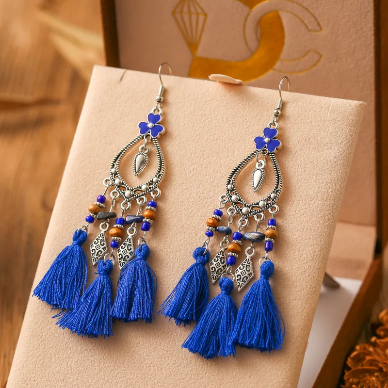 Fashion Bohemian Heart Flower Enamel Geometric Tassel Earrings For Women Irregular Stone Beads Handmade Boho Wedding Jewelry