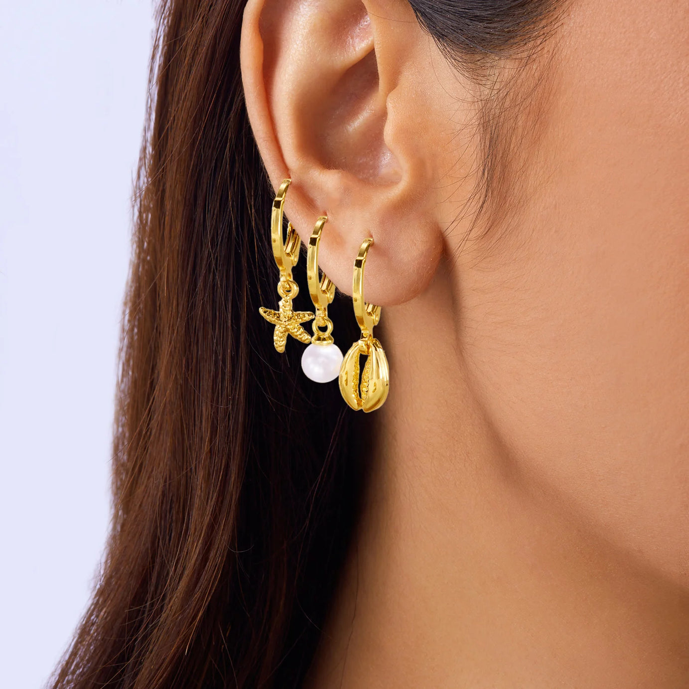 Starfish Shell Pearl Hoop Earrings Set Jewelry