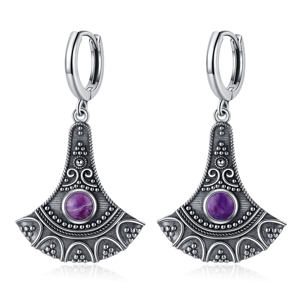 Natural Stone Sun Flower Hoop Earrings for Women, Vintage Antique Silver Turquoise Amethyst Labradorite Dangle Earring Wholesale