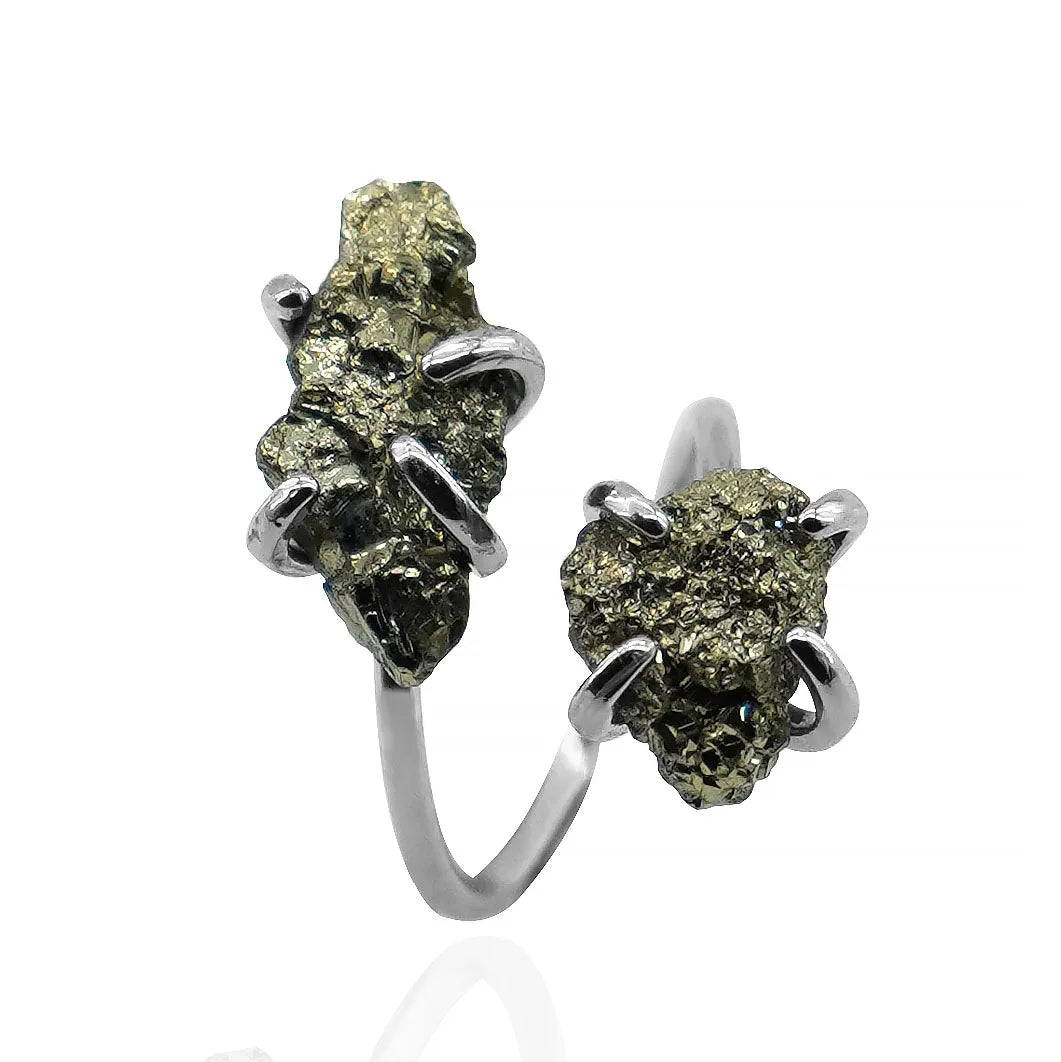 Irregular Pyrite Open Cross Ring for Women Girls Claw Setting Silver-color Boho Natural Stone Finger Jewelry Resizable