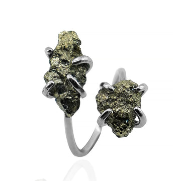 Irregular Pyrite Open Cross Ring for Women Girls Claw Setting Silver-color Boho Natural Stone Finger Jewelry Resizable