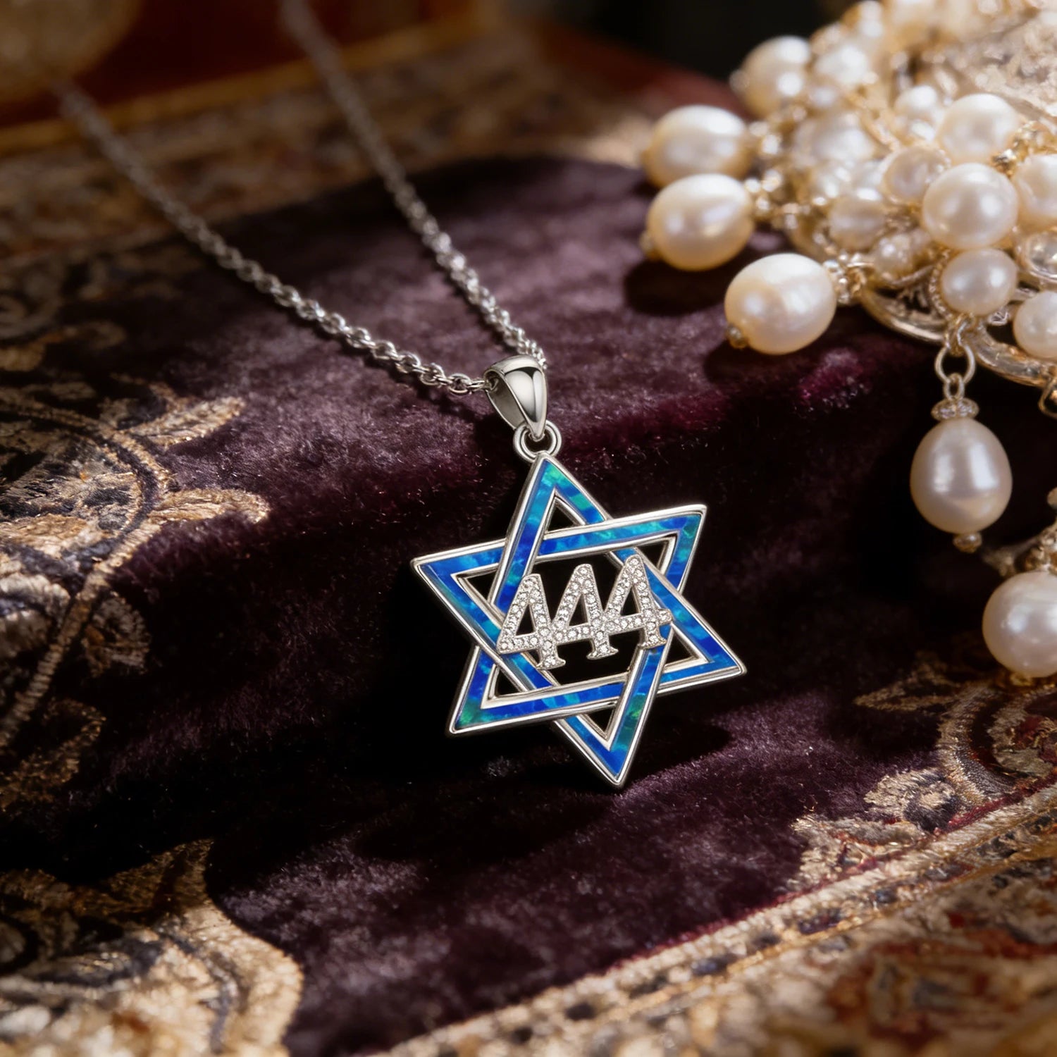 444 Angel Number Star of David Pendant Spiritual Protection Jewelry,Blue Opal Inlay,Cubic Zirconia,Men & Women’s Faith Necklace