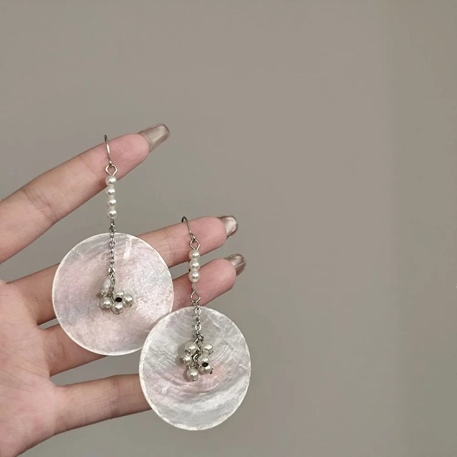 Shell Disc and Pearl Tassel Drop Earrings