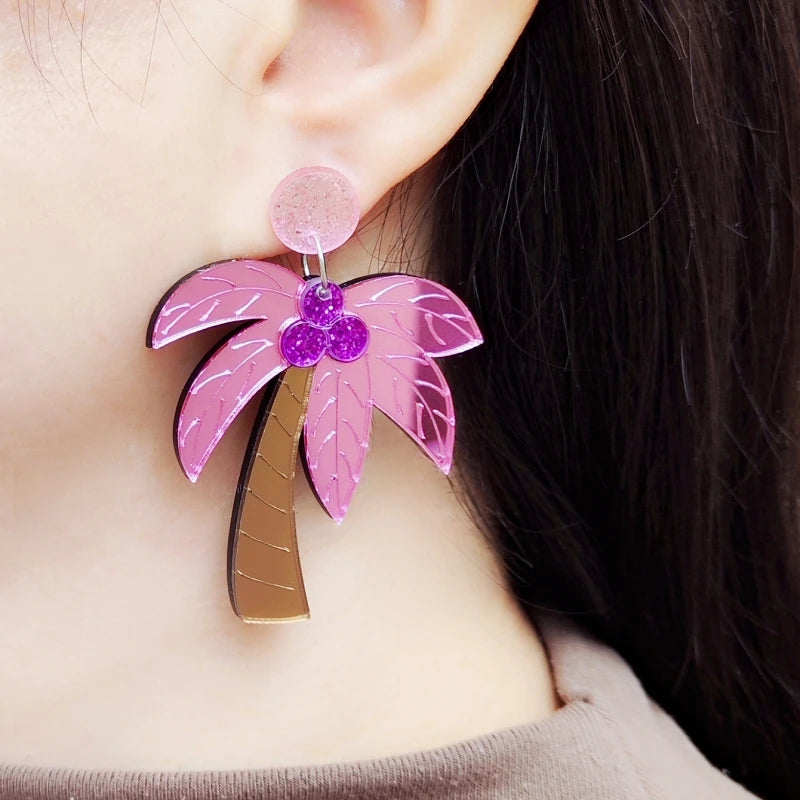 KUGUYS Tropical Acrylic Coconut Earrings Mirror Palm Tree Drops Summer Beach Jewelry Boho Women's Fashion Accessorie
