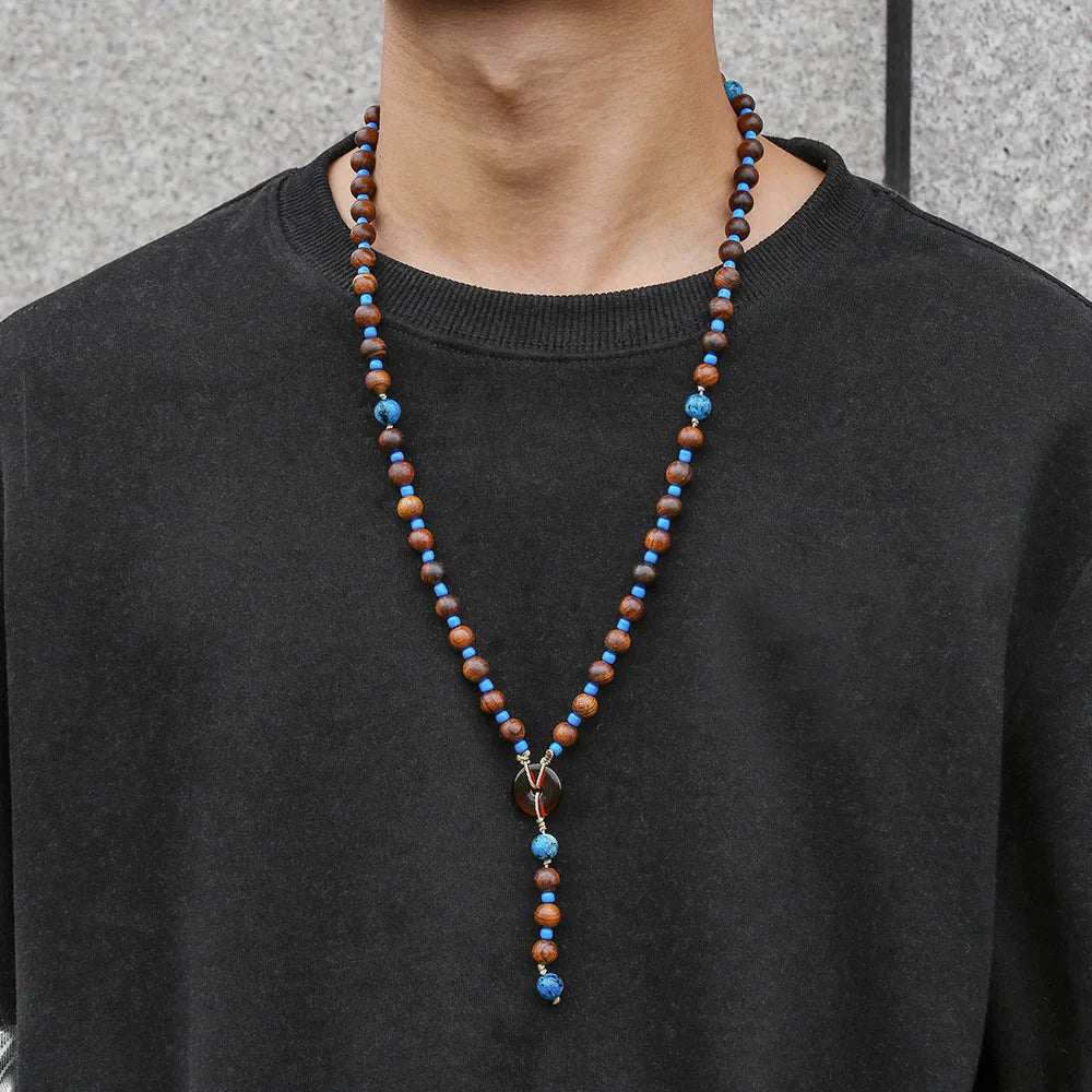 Wood Bead Tribal Mens Long Necklace Jewelry