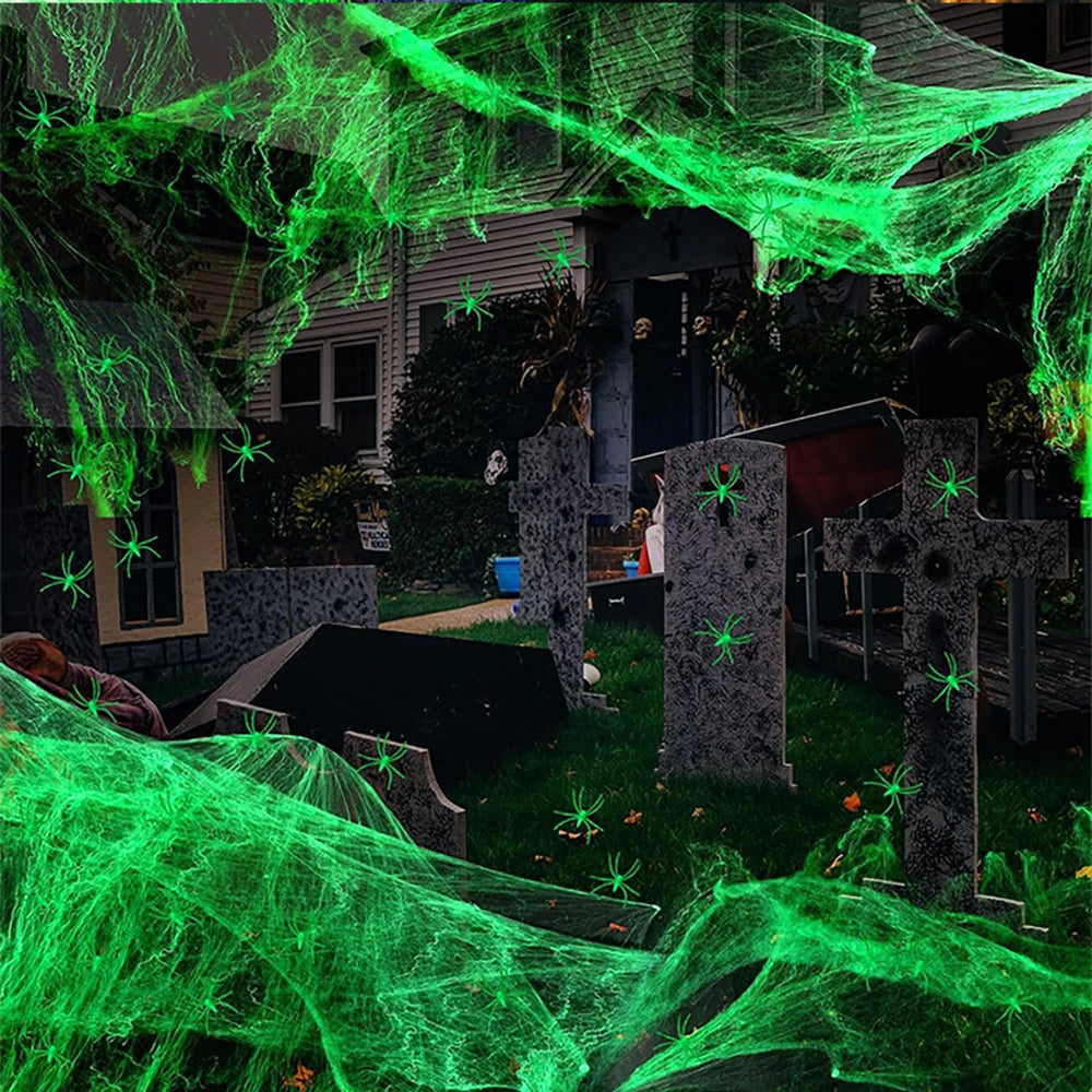 Luminous Spider Web,Stretchy Artificial Cobweb with Fake Spiders,Halloween Decorations,Outdoor Horror Haunted House Decor Props - Charlie Dolly