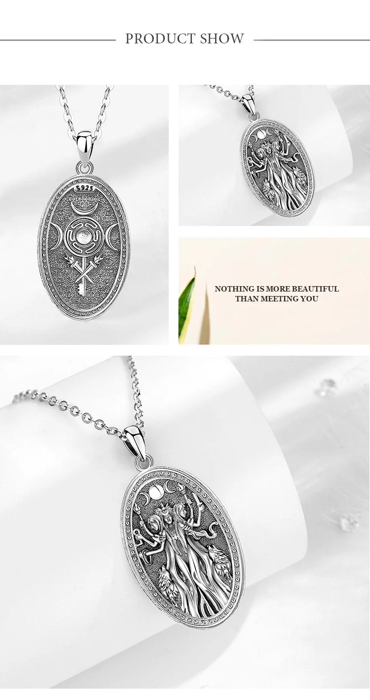 Eudora 925 Sterling Silver Triple Moon Goddess Necklace Hecate Dog Amulet Pendant Triple Goddess Jewelry for Women Man Gift